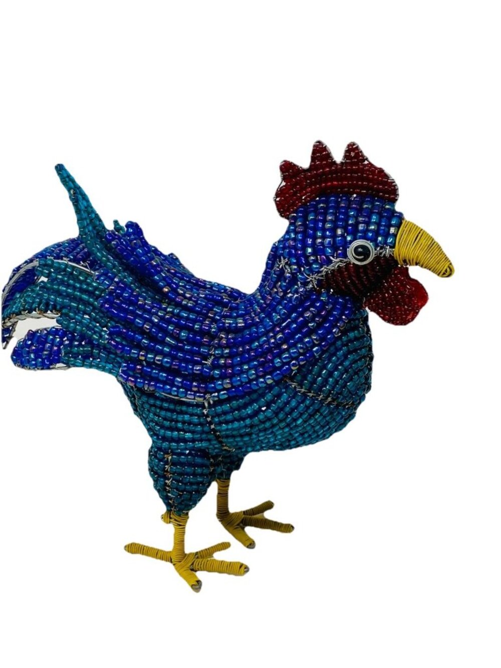 Beadworx Creations Cobalt Blue & Teal Beaded Rooster Sculpture Beads & Wire 7x7”